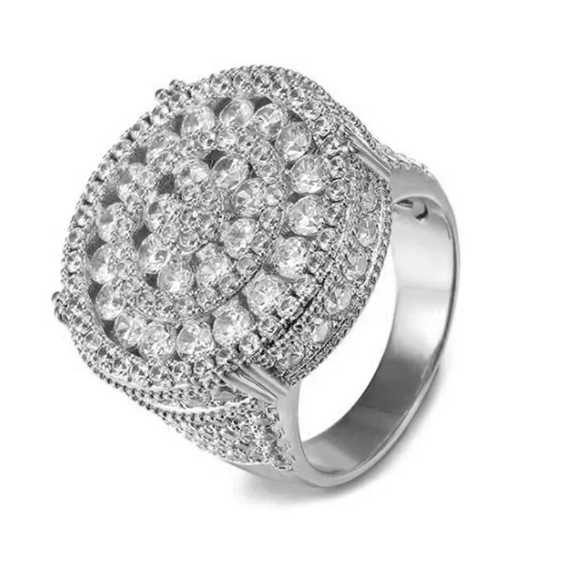 Round Crystal Ladies Ring Micro Fully Iced Out Rhinestone Zircon