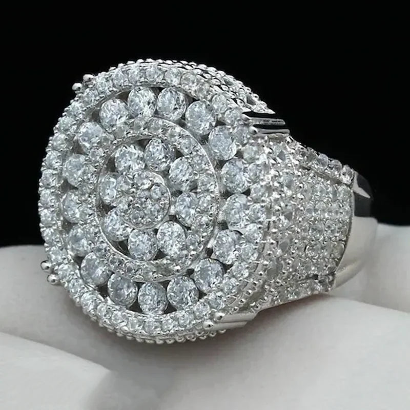 Round Crystal Ladies Ring Micro Fully Iced Out Rhinestone Zircon