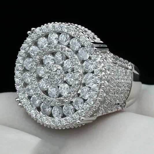 Round Crystal Ladies Ring Micro Fully Iced Out Rhinestone Zircon