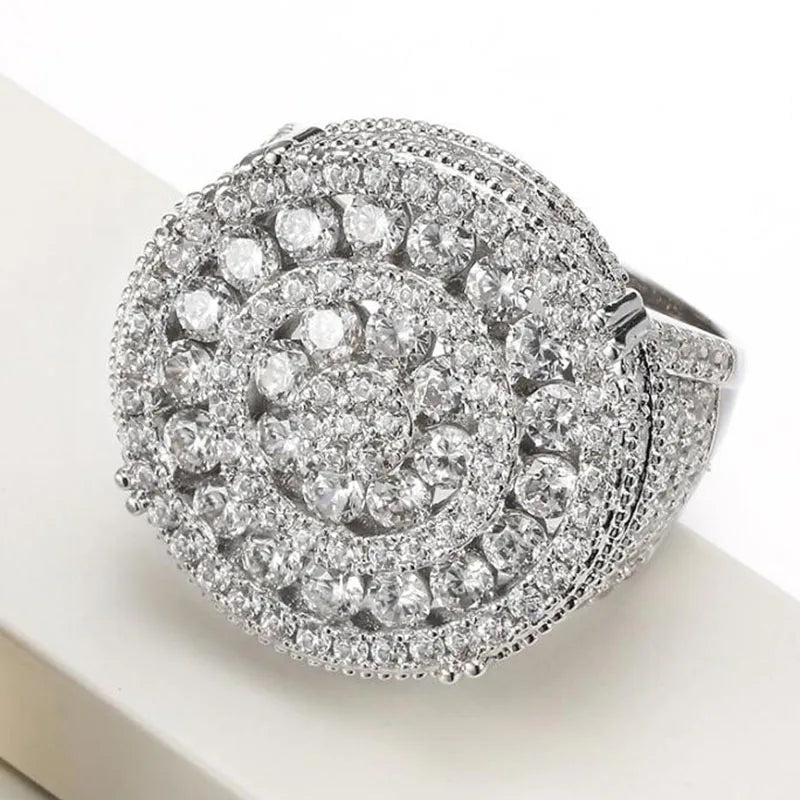Round Crystal Ladies Ring Micro Fully Iced Out Rhinestone Zircon