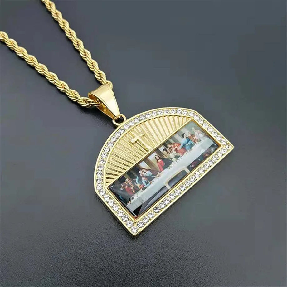 Iced Out The Last Supper Pendant Necklace Gold Color Stainless Steel