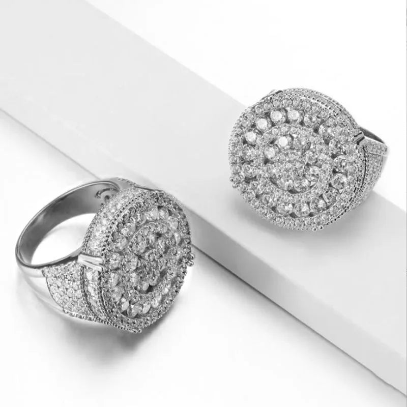 Round Crystal Ladies Ring Micro Fully Iced Out Rhinestone Zircon