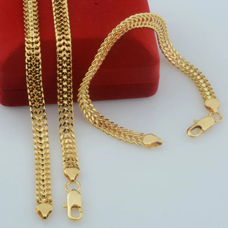 Yellow Gold Color Curb Carving Necklace Link Bracelet Set Jewelry