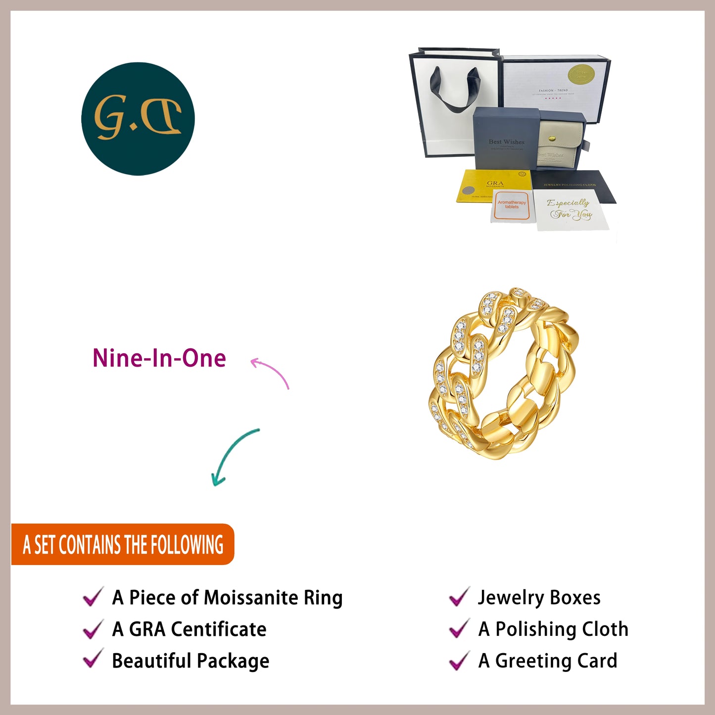 S925 Sterling Silver 18K Gold Plated Moissanite Cuban Chain Ring