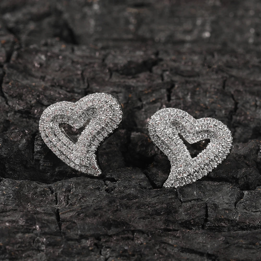 Heart Earrings Openwork Full Iced Out Hollow Out Bling Micro Paved Cubic Zircon