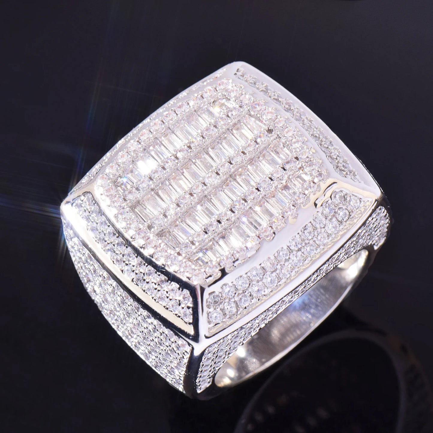 Baguette Cut Square Iced Out Men Ring Fully Iced Zircon