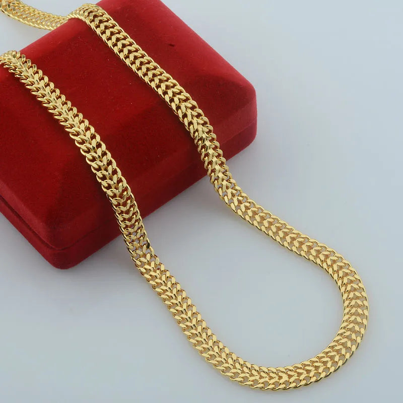 Yellow Gold Color Curb Carving Necklace Link Bracelet Set Jewelry