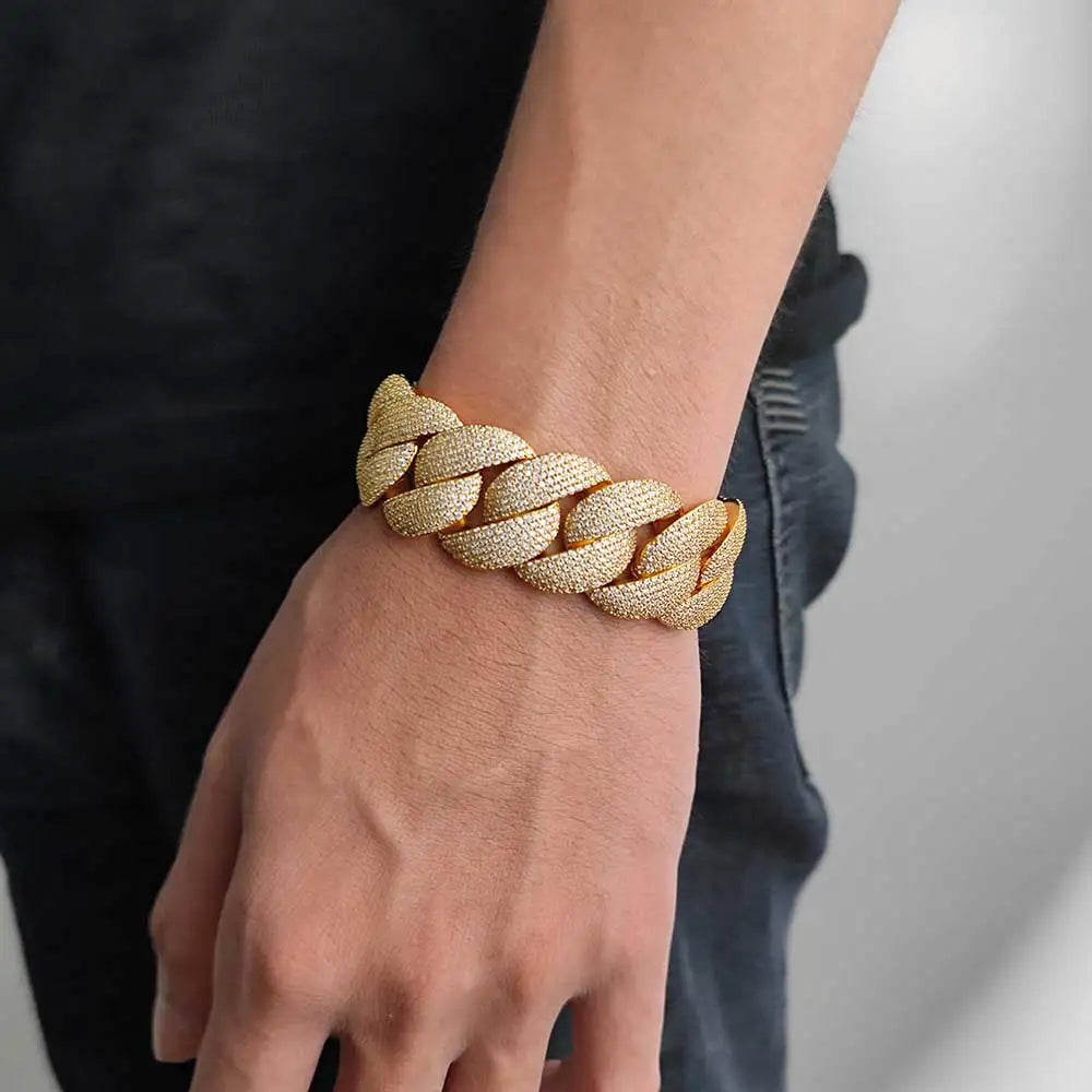 22MM 6 Row Heavy Cuban Bracelet Iced Out Box Buckle Copper Setting 5A Cubic Zirconia