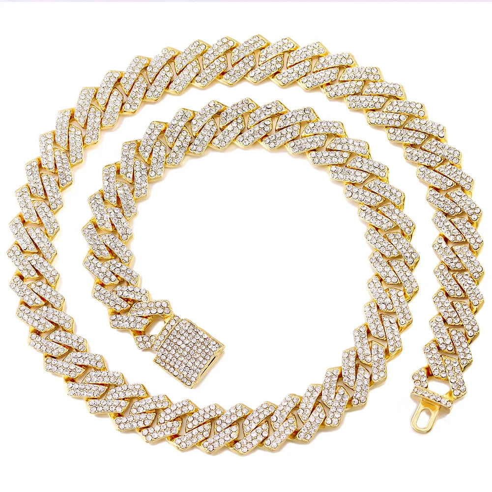Iced Out Cuban Link Chain 2 Row Diamond Rhombus Prong Cuban