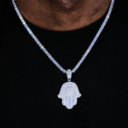 Iced Out Baguette CZ Hamsa Hand Pendant with Tennis/Rope Chain Necklaces for Men