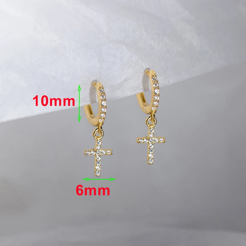 Real 925 Sterling Silver Zircon Cross Pendant Hoop Earring