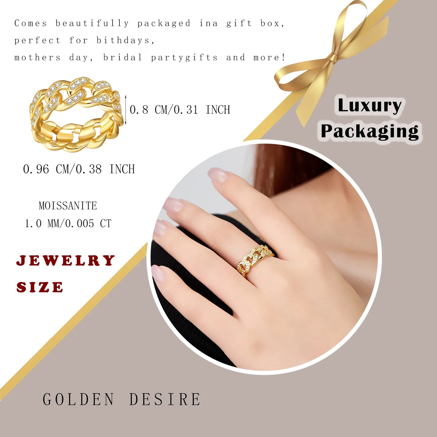 S925 Sterling Silver 18K Gold Plated Moissanite Cuban Chain Ring