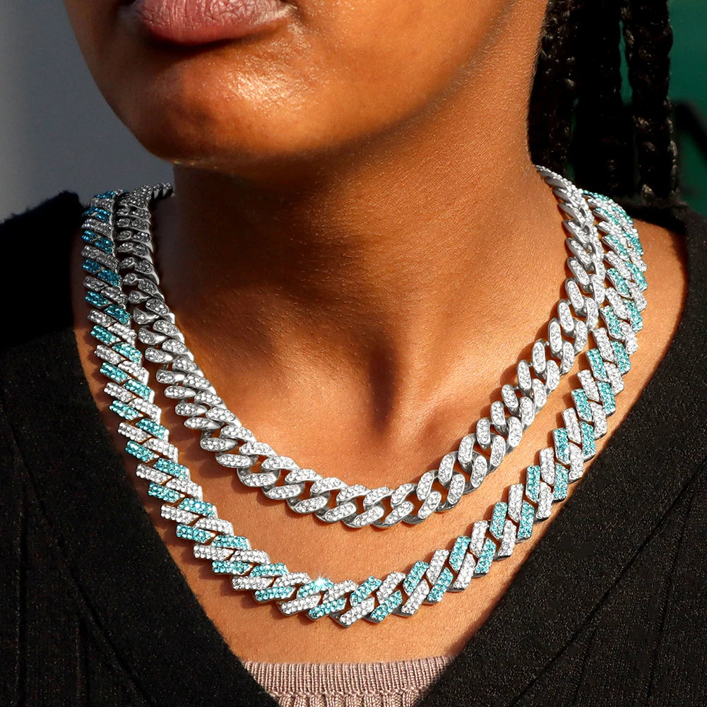 Iced Out Cuban Link Chain Necklace 14MM 2 Row Rhinestone Paved Prong