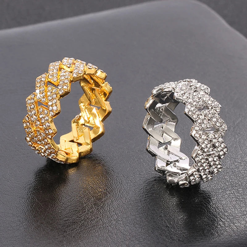 Iced Out Cuban Link Chain Ring Gold Plated, CZ Simulated Zircon