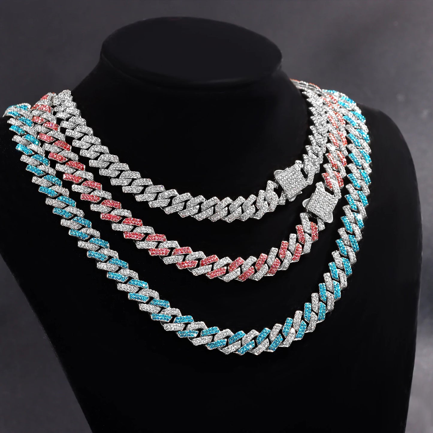 Iced Out Cuban Link Chain Necklace 14MM 2 Row Rhinestone Paved Prong