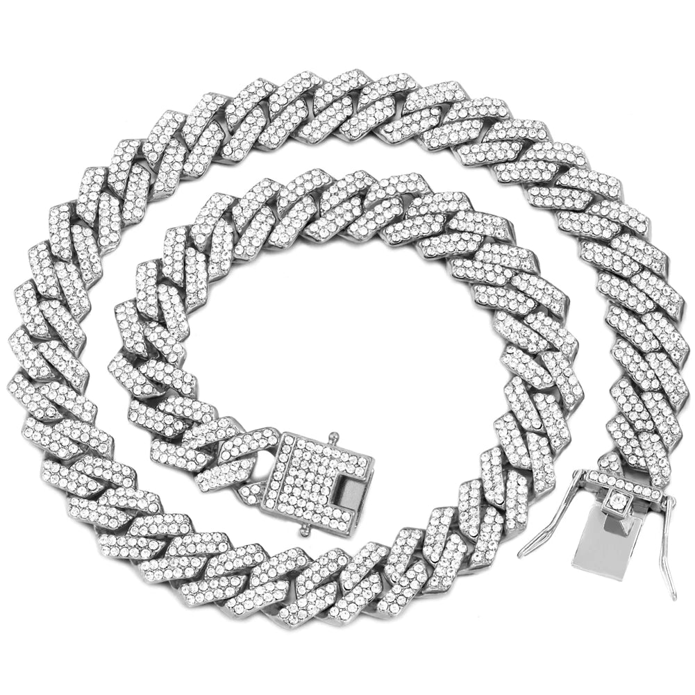 Iced Out Cuban Link Chain 2 Row Diamond Rhombus Prong Cuban