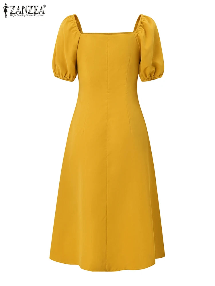 ZANZEA Korean Elegant Long Dress Fashion Puff Short Sleeve Sundress 2024 Summer Swing Robe Holiday Square Collar Waisted Dresses