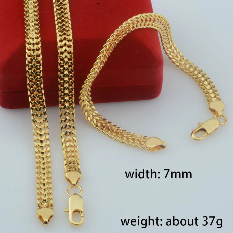 Yellow Gold Color Curb Carving Necklace Link Bracelet Set Jewelry