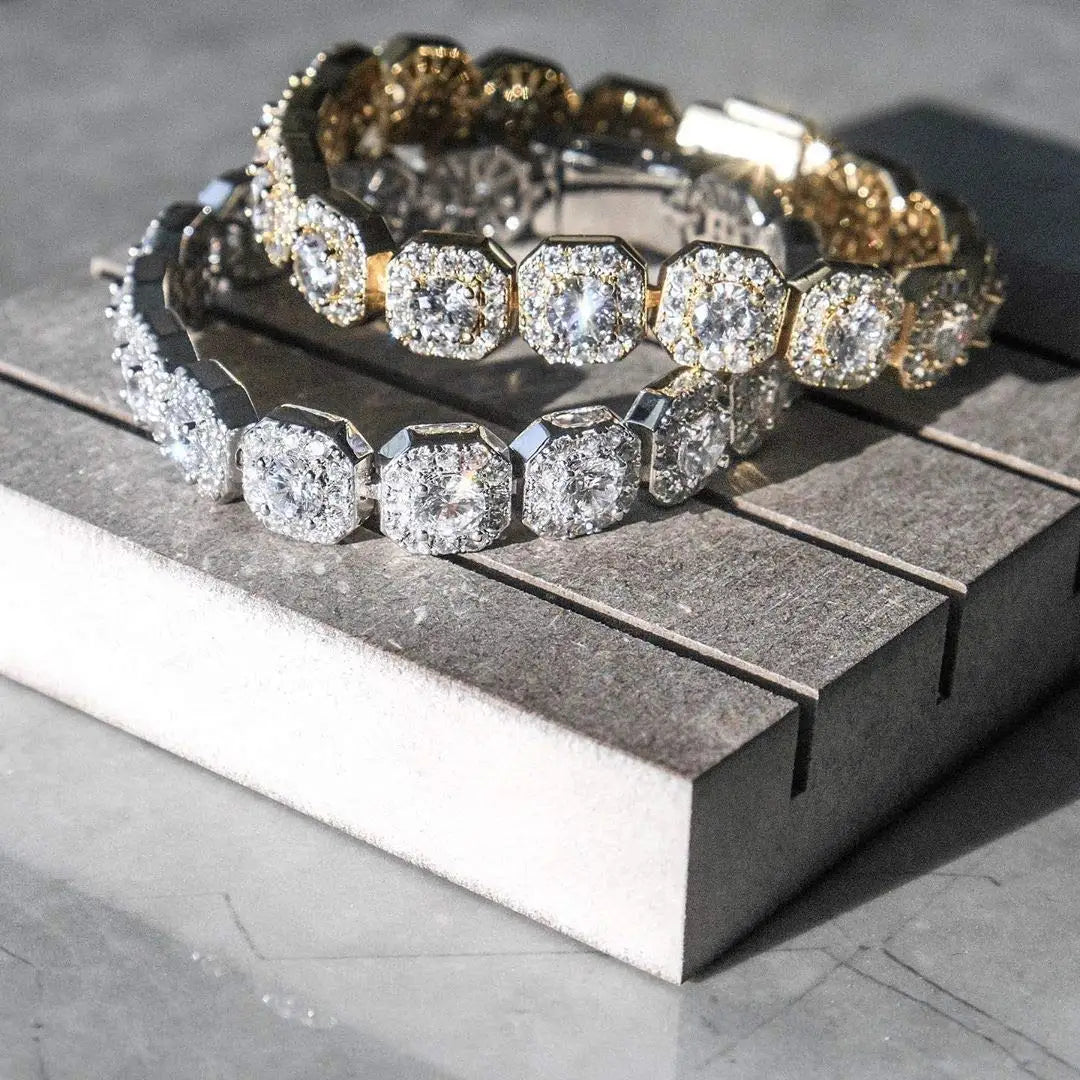 18k Gold Plated Cluster Cubic Zirconia Tennis Chain Bracelet 12mm