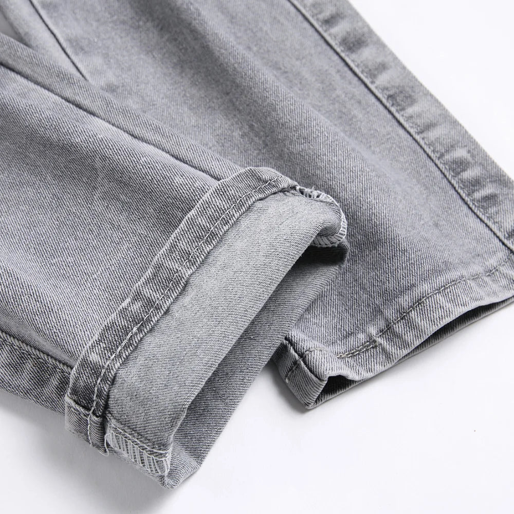 Men Snake Embroidery Gray Denim Jeans Streetwear Holes Ripped Distressed Stretch Pants Embroidered Slim Straight Trousers