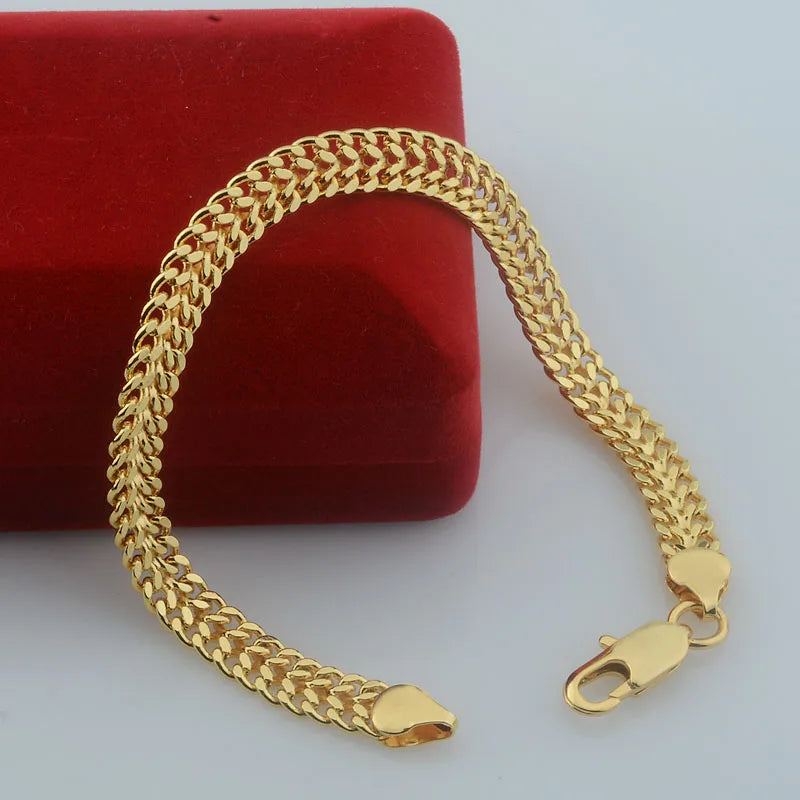 Yellow Gold Color Curb Carving Necklace Link Bracelet Set Jewelry