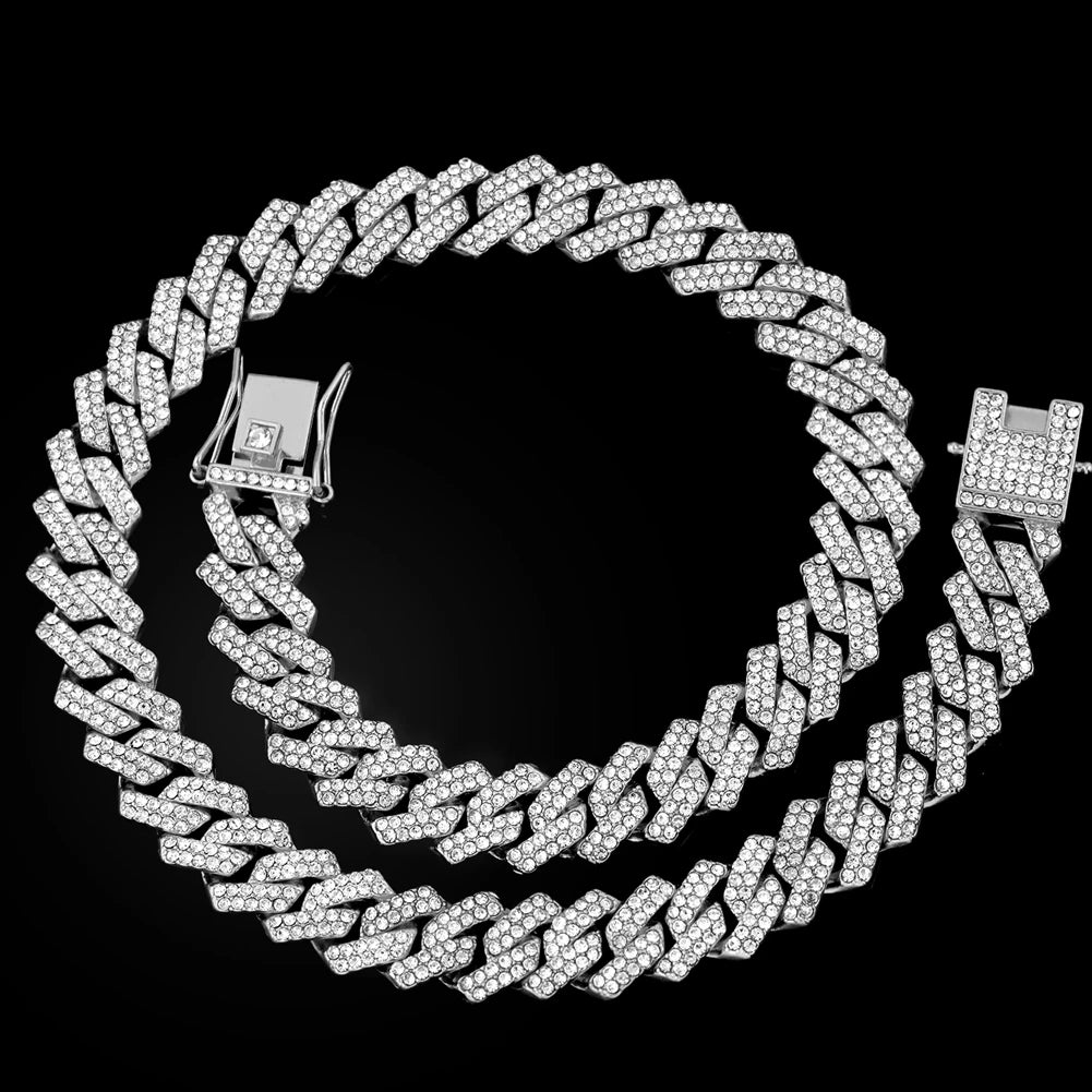 Iced Out Cuban Link Chain 2 Row Diamond Rhombus Prong Cuban