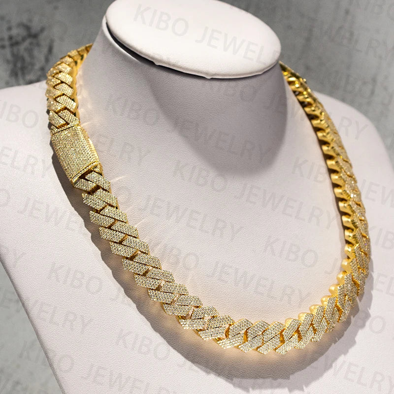 Iced out Chain 14mm 18k Gold Plated 925 Silver Moissanite Cuban link