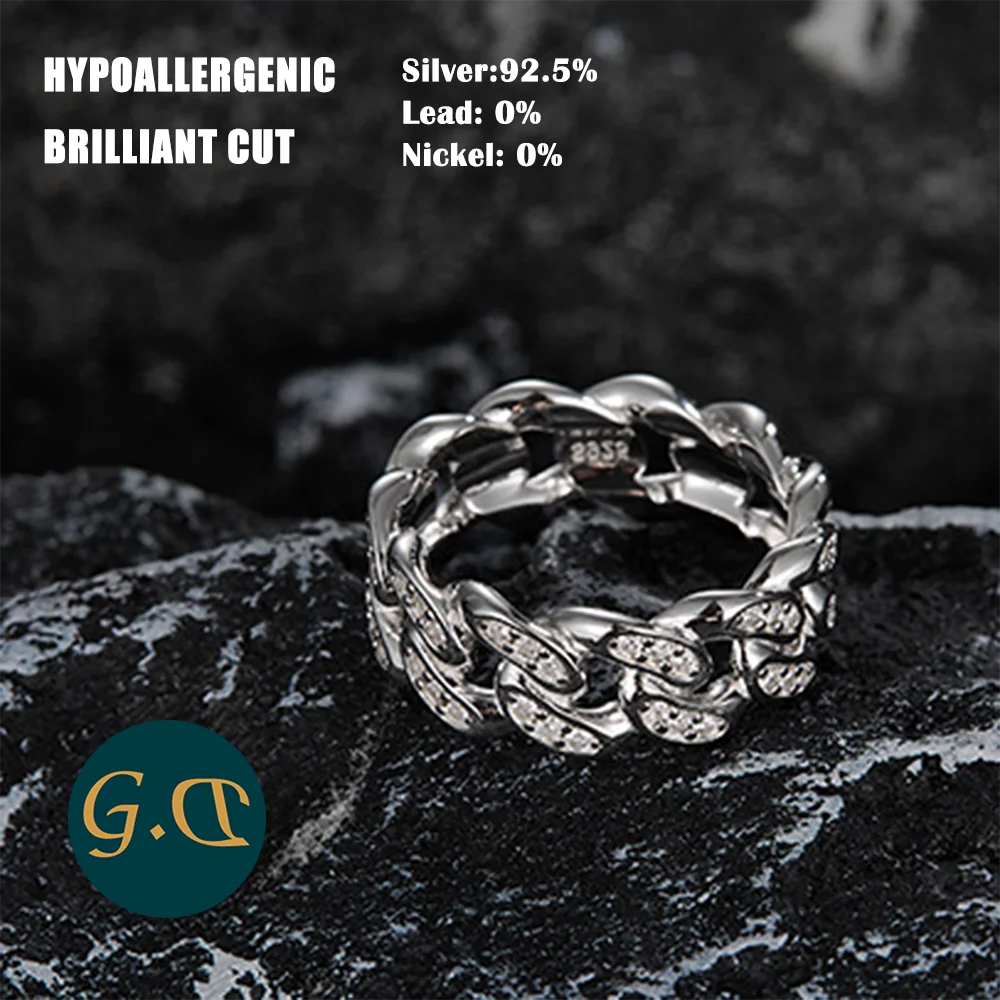 S925 Sterling Silver 18K Gold Plated Moissanite Cuban Chain Ring