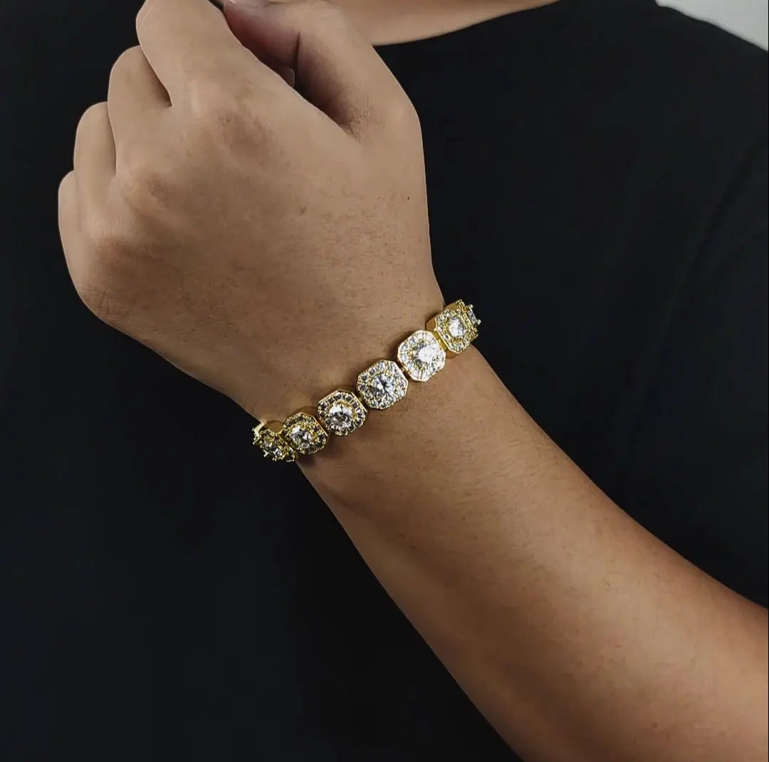 18k Gold Plated Cluster Cubic Zirconia Tennis Chain Bracelet 12mm