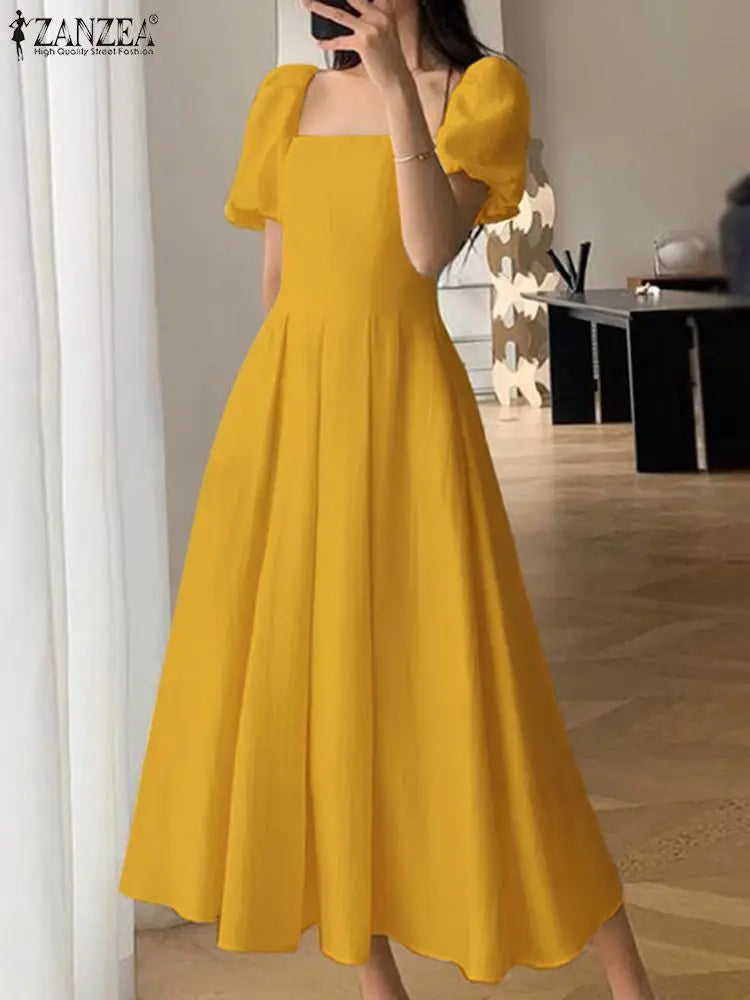 ZANZEA Korean Elegant Long Dress Fashion Puff Short Sleeve Sundress 2024 Summer Swing Robe Holiday Square Collar Waisted Dresses
