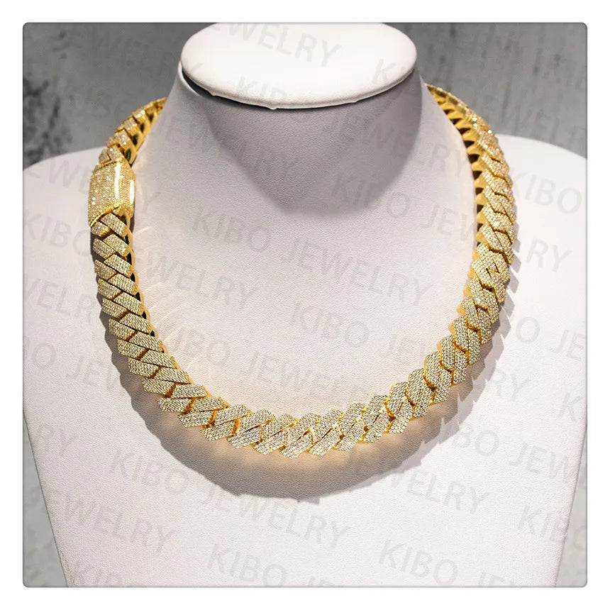 Iced out Chain 14mm 18k Gold Plated 925 Silver Moissanite Cuban link