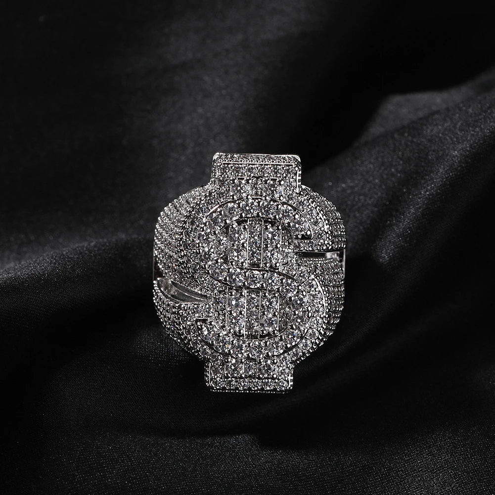 Full Iced Out $ Sign Rings Micro Paved Out Cubic Zirconia Ring