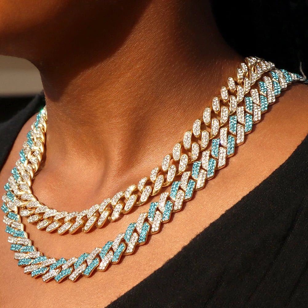 Iced Out Cuban Link Chain Necklace 14MM 2 Row Rhinestone Paved Prong