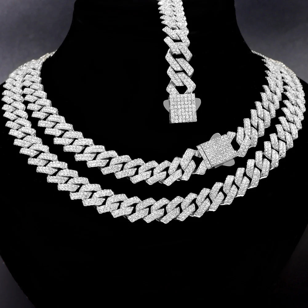Iced Out Cuban Link Chain Necklace 14MM 2 Row Rhinestone Paved Prong