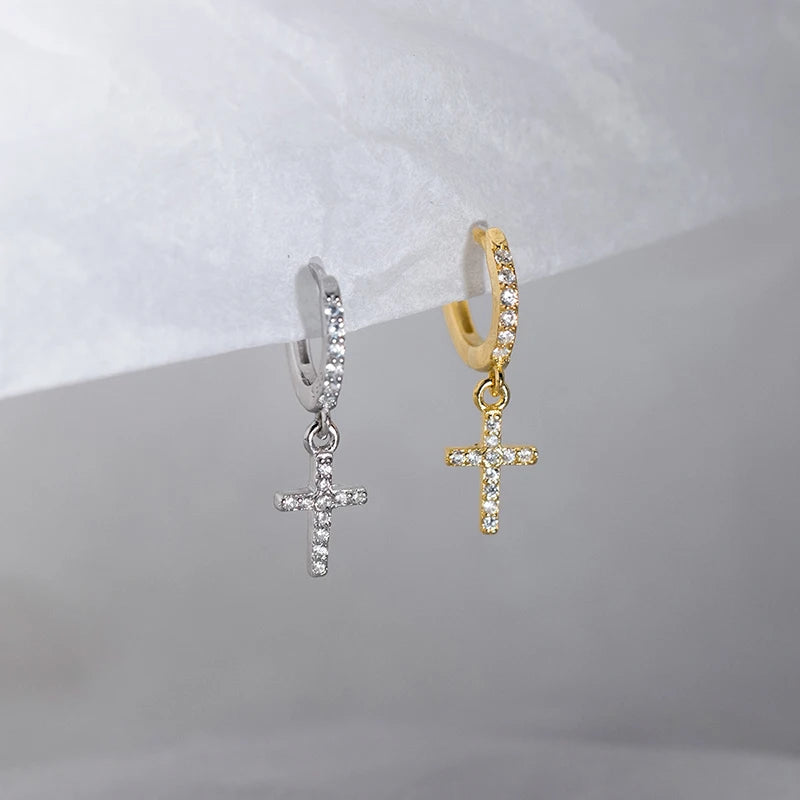 Real 925 Sterling Silver Zircon Cross Pendant Hoop Earring