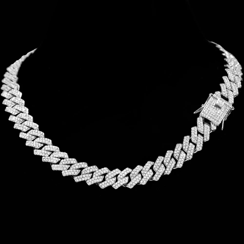 Iced Out Cuban Link Chain 2 Row Diamond Rhombus Prong Cuban