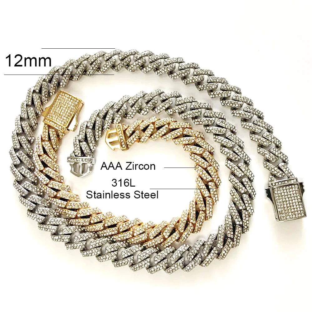 No Fade 316L Stainless Steel Necklace Rhombus Zircon Iced Out Cuban Link Chain