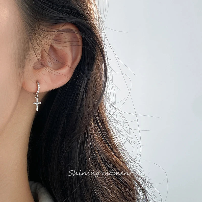 Real 925 Sterling Silver Zircon Cross Pendant Hoop Earring