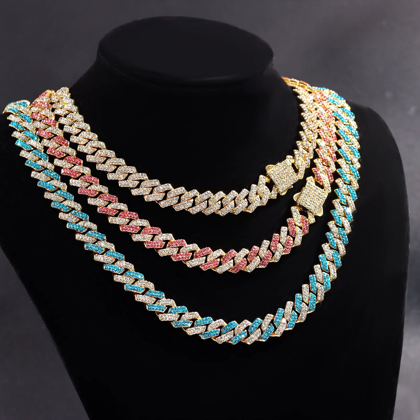 Iced Out Cuban Link Chain Necklace 14MM 2 Row Rhinestone Paved Prong