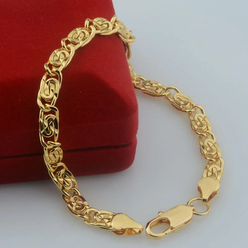 Yellow Gold Color Curb Carving Necklace Link Bracelet Set Jewelry