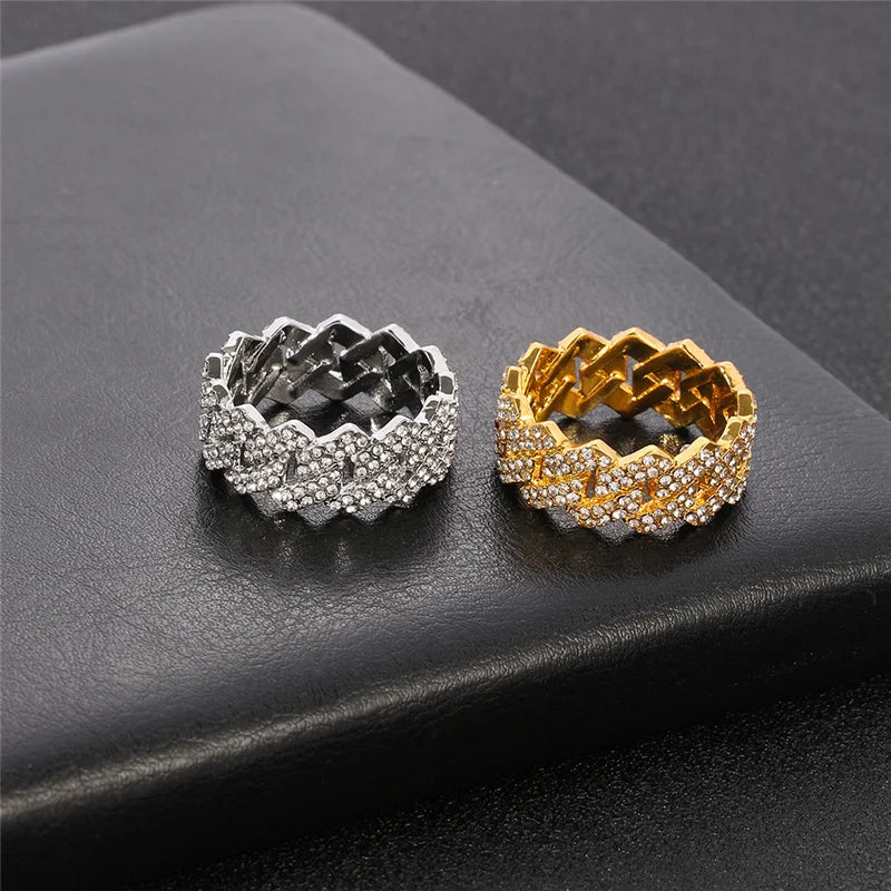 Iced Out Cuban Link Chain Ring Gold Plated, CZ Simulated Zircon