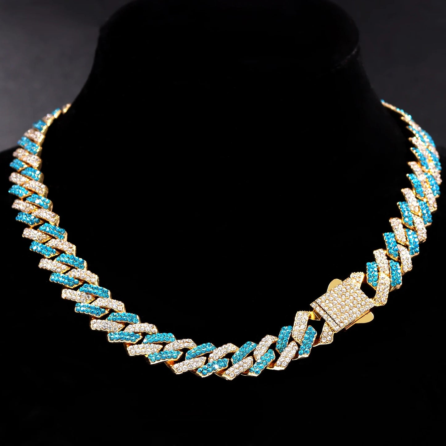 Iced Out Cuban Link Chain Necklace 14MM 2 Row Rhinestone Paved Prong