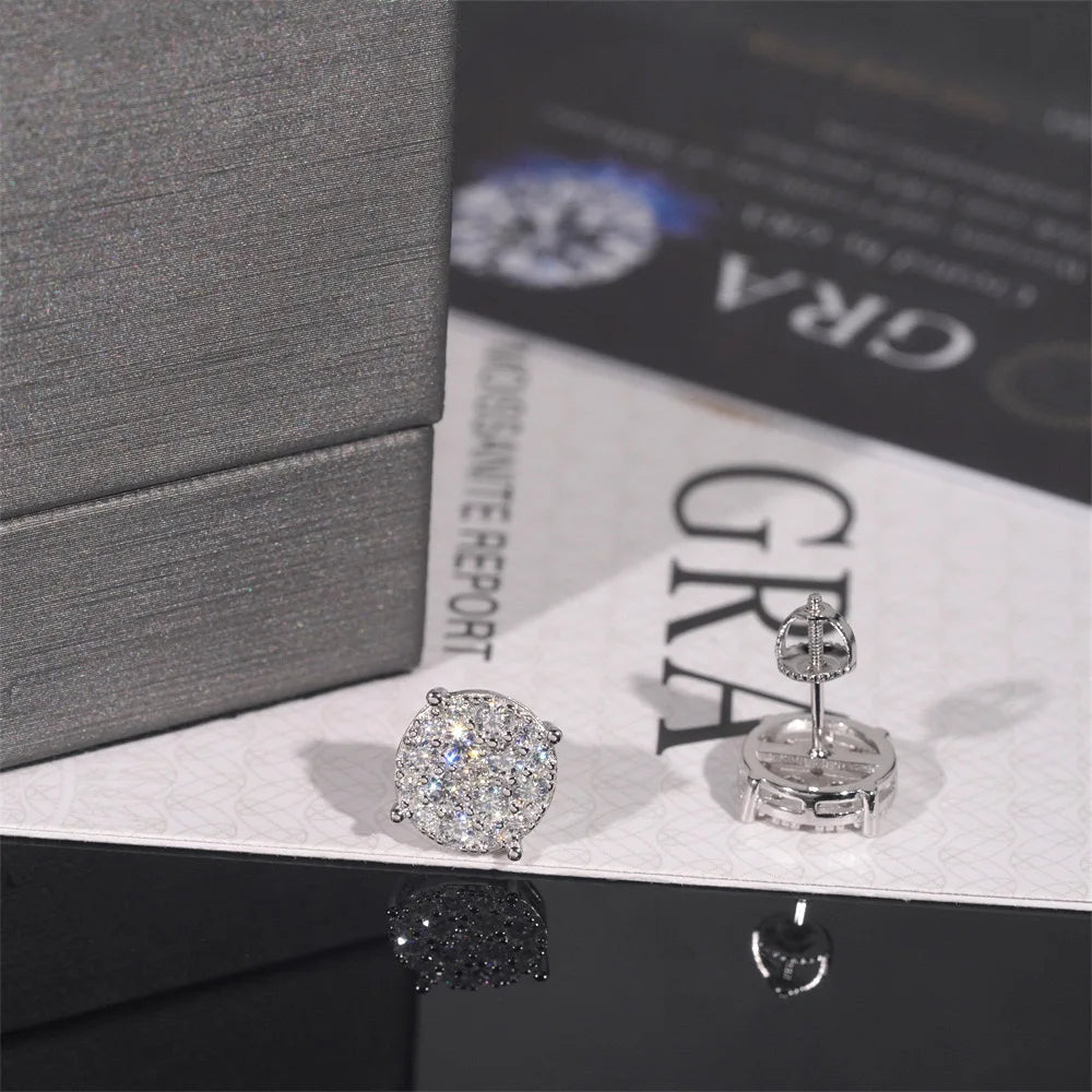 9.8mm Iced Moissanite Cluster Earrings Screwback 925 Sterling Silver