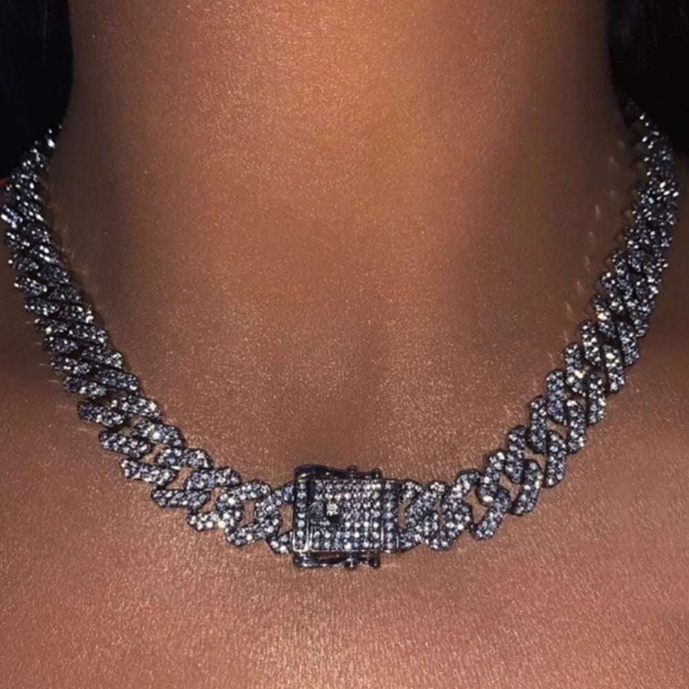 Iced Out Cuban Link Chain 2 Row Diamond Rhombus Prong Cuban