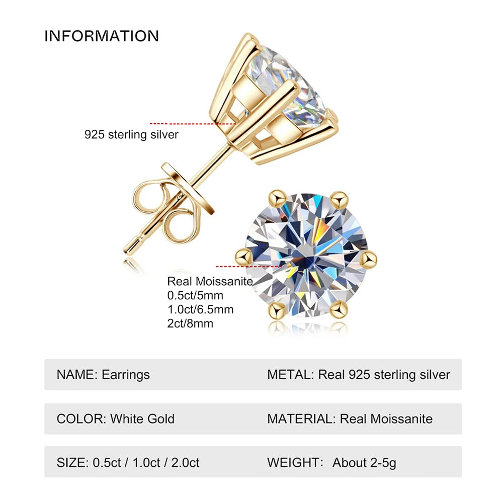2ct Moissanite Diamond Stud Earrings 18K Yellow Gold Plated 925 Silver Wedding Earring for Women Men Luxury Jewelry with GRA