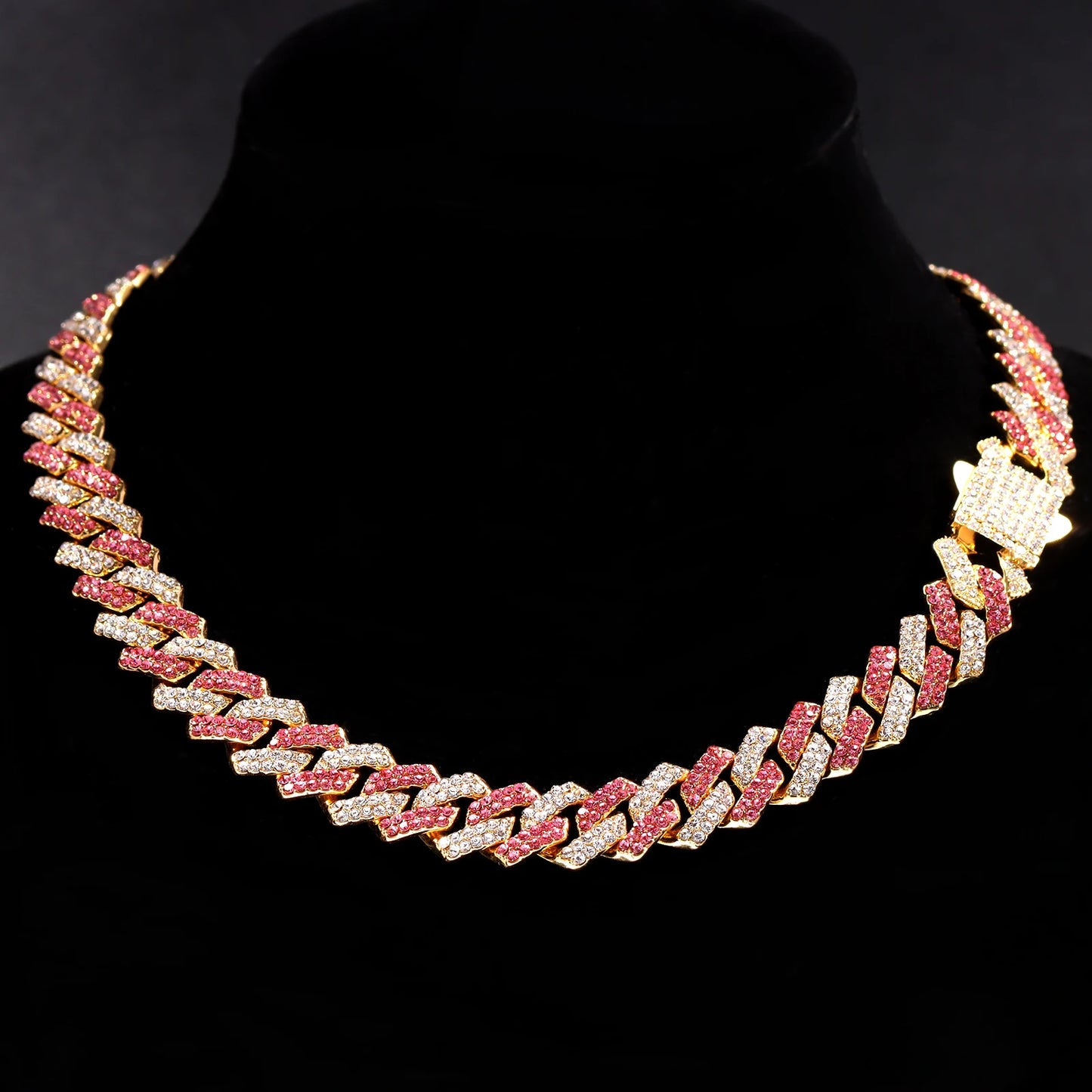 Iced Out Cuban Link Chain Necklace 14MM 2 Row Rhinestone Paved Prong