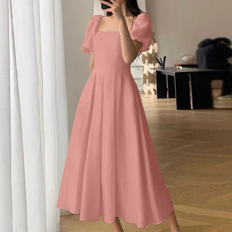ZANZEA Korean Elegant Long Dress Fashion Puff Short Sleeve Sundress 2024 Summer Swing Robe Holiday Square Collar Waisted Dresses