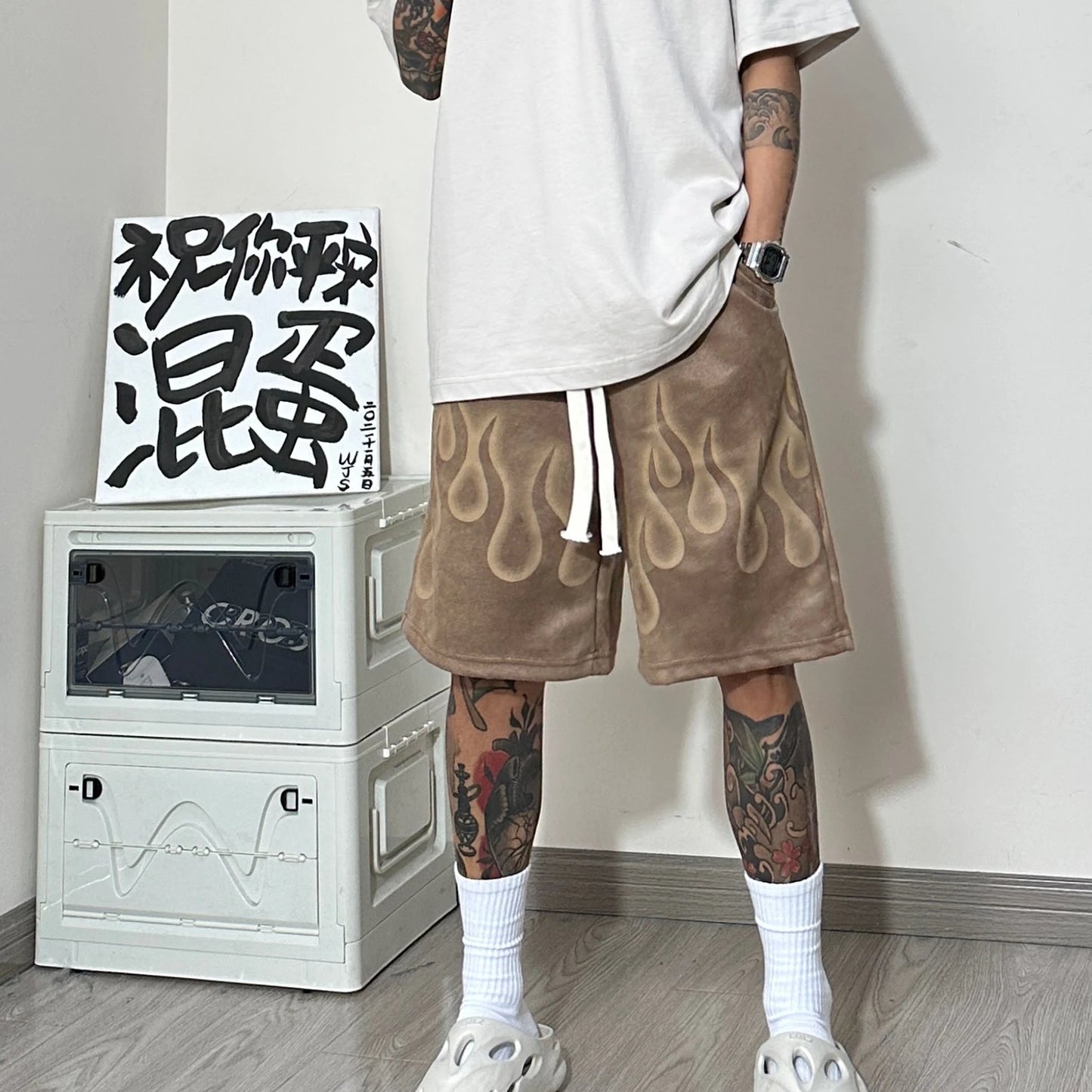 Flame Graphic Shorts Loose Oversized Pants