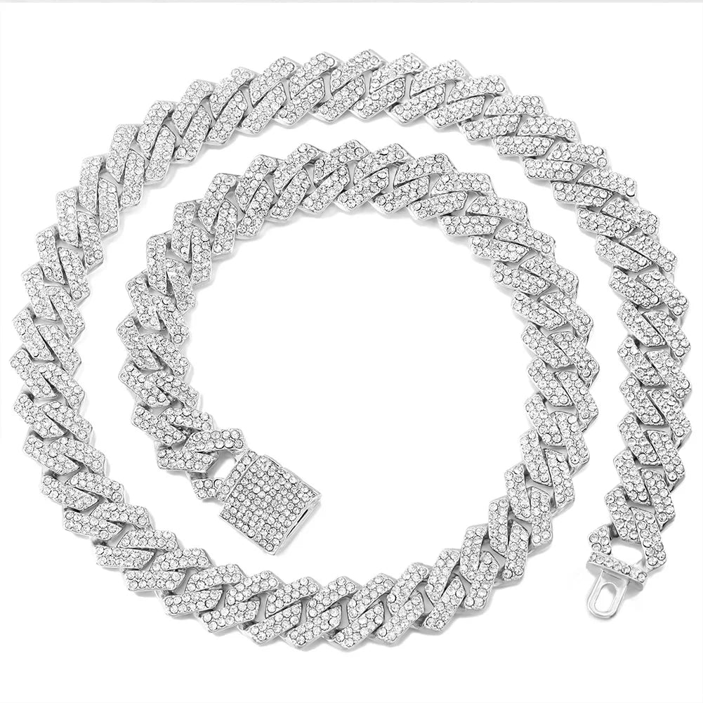 Iced Out Cuban Link Chain 2 Row Diamond Rhombus Prong Cuban