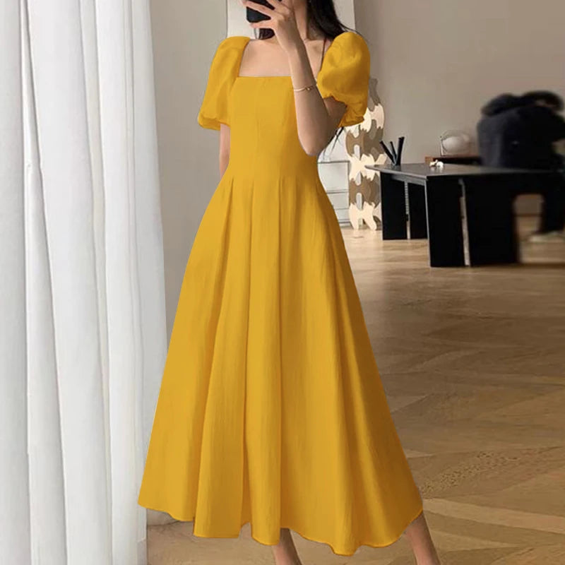 ZANZEA Korean Elegant Long Dress Fashion Puff Short Sleeve Sundress 2024 Summer Swing Robe Holiday Square Collar Waisted Dresses